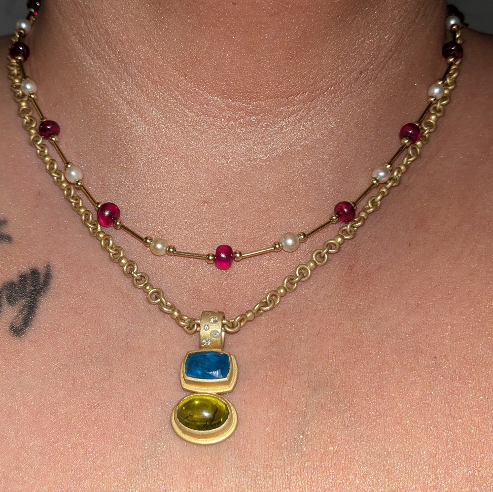 14k Yellow Gold Bar/Spacer Beads Ruby and Pearl Station Necklace